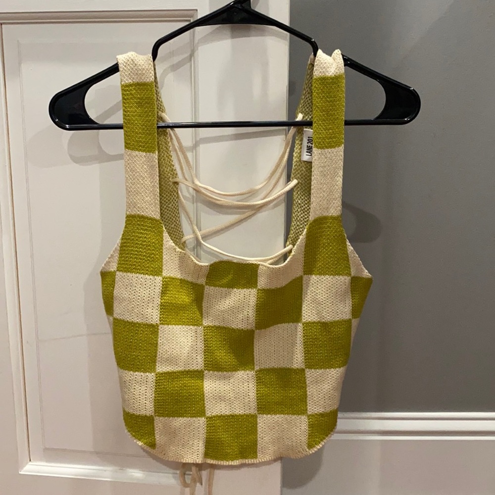 Green & white crochet-like top